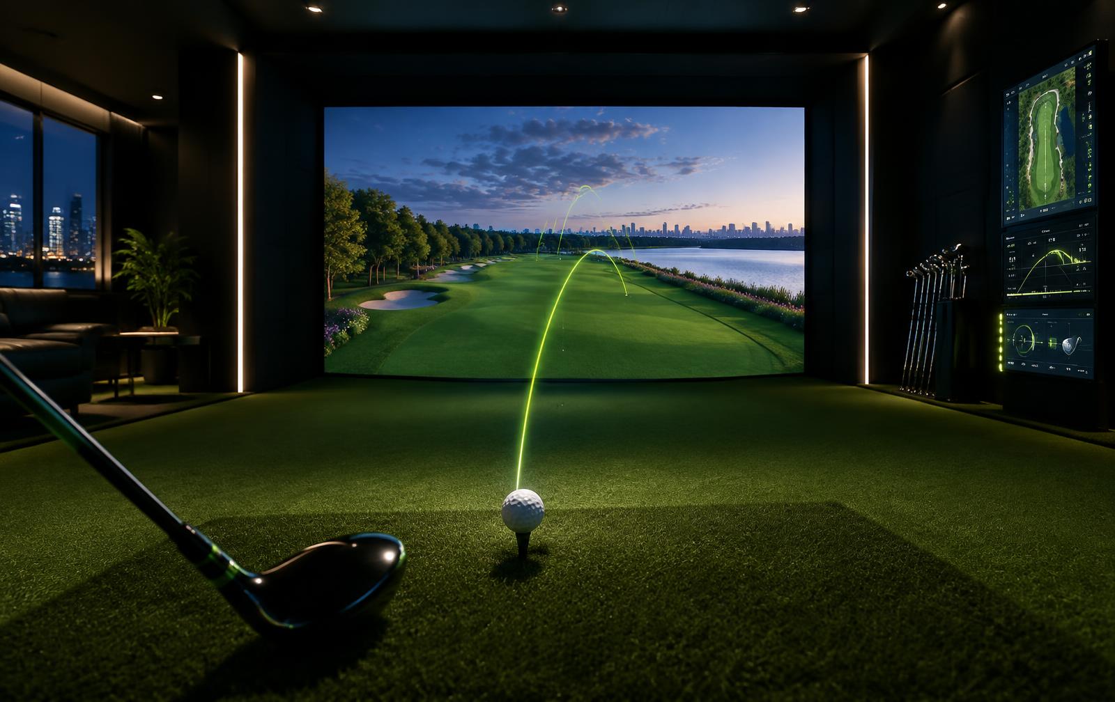Golfer swinging in a PAR24 simulator bay